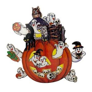 Vintage Halloween Haunted House Wood Ghosts Pumpkin Music Box Works